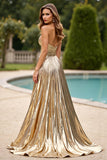 Gold Glitter A Line Pleated Long Prom Dress with Slit