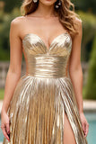 Gold Glitter A Line Pleated Long Prom Dress with Slit