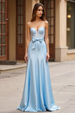 Sky Blue Bowknot Strapless Satin Long Prom Dress