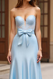 Sky Blue Bowknot Strapless Satin Long Prom Dress