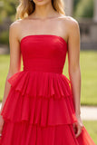 Red Square Neck A Line Tiered Long Prom Dress with Slit