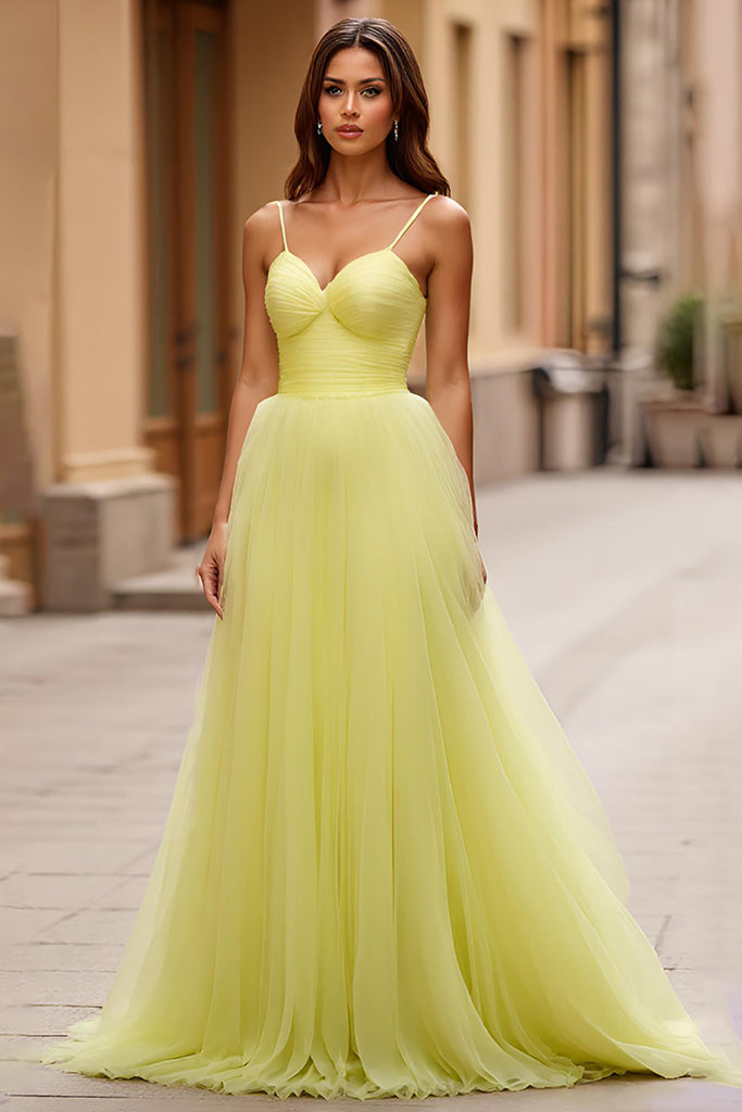 ZAPAKASA Women A Line Yellow Spaghetti Straps Long Prom Dress Tulle V