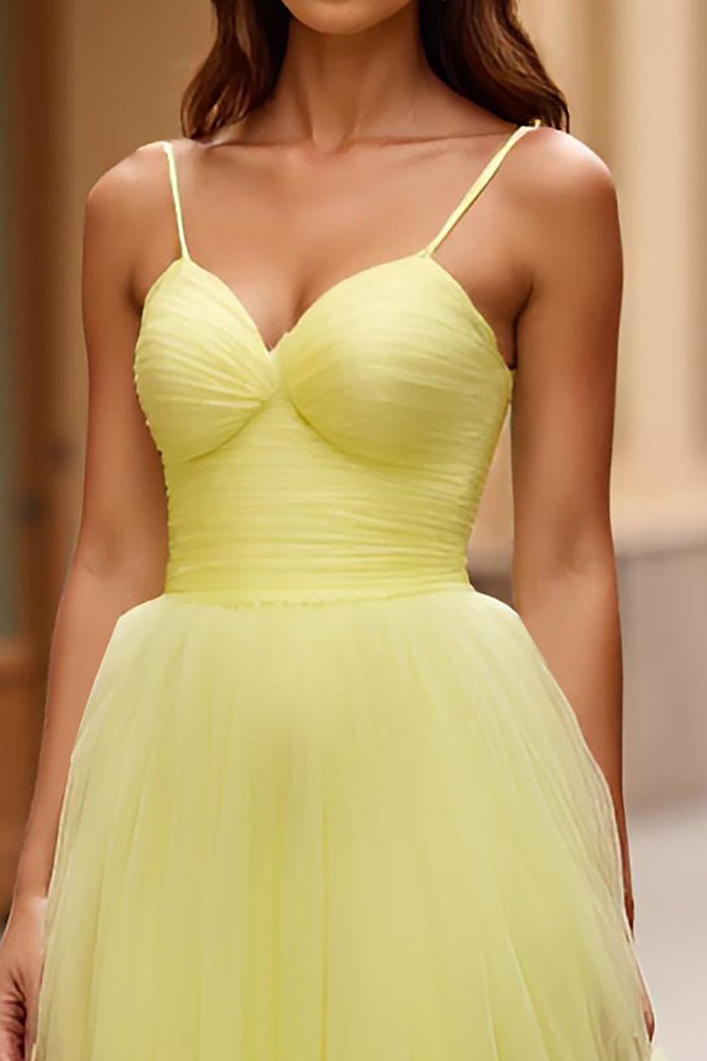 A Line Yellow Spaghetti Straps Long Prom Dress