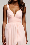 A Line Pink Deep V-Neck Long Prom Dress with Slit