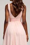 A Line Pink Deep V-Neck Long Prom Dress with Slit