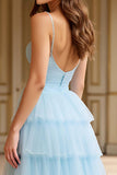 Sky Blue Tiered Spaghetti Straps Long Prom Dress with Slit