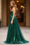 Glitter Dark Green Square Neck Bow Long Prom Dress with Slit