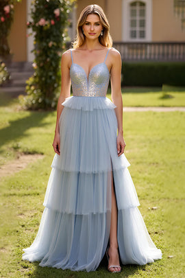 Grey Blue A Line Tulle Long Prom Dress with Slit