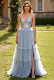 Grey Blue A Line Tulle Long Prom Dress with Slit