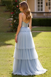 Grey Blue A Line Tulle Long Prom Dress with Slit