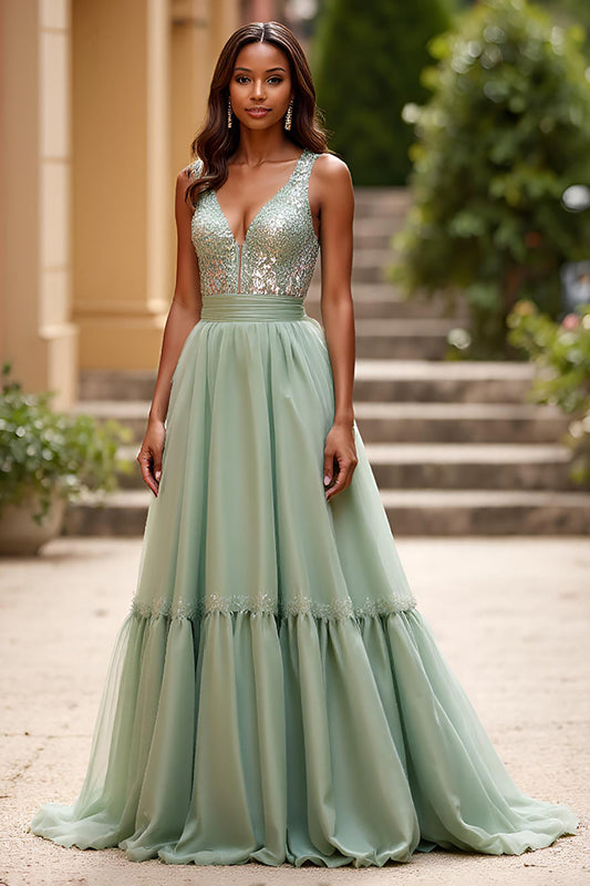 A Line Dusty Sage V-Neck Ruched Long Prom Dress