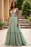 A Line Dusty Sage V-Neck Ruched Long Prom Dress