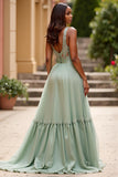 A Line Dusty Sage V-Neck Ruched Long Prom Dress