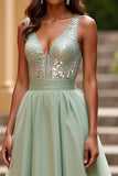 A Line Dusty Sage V-Neck Ruched Long Prom Dress