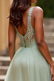 A Line Dusty Sage V-Neck Ruched Long Prom Dress