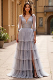 Grey Half Sleeves A Line Long Prom Dress with Slit