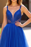 Royal Blue Lace A Line Tulle Long Prom Dress