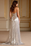 Silver Glitter Deep V-Neck Long Prom Dress
