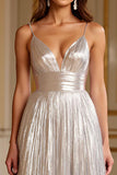 Silver Glitter Deep V-Neck Long Prom Dress