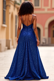 Sparkly Dark Blue A Line Long Prom Dress with Slit