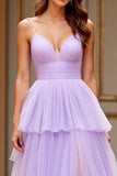 Lilac Tiered Tulle A Line Long Prom Dress with Slit