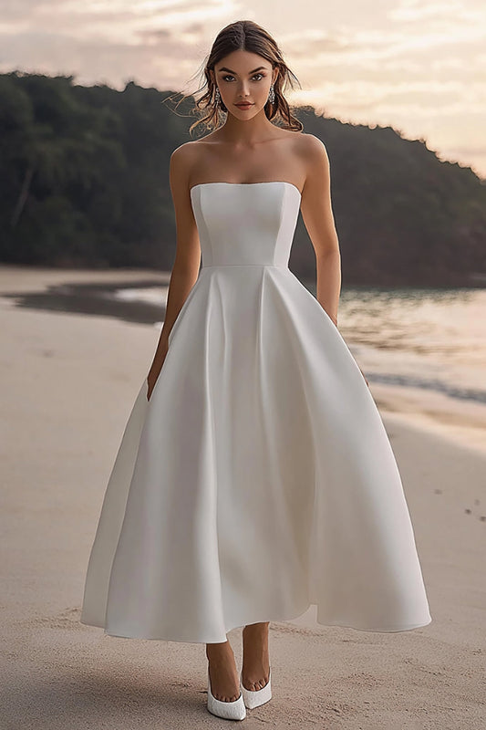 Women A Line Satin White Graduation Dress Strapless Long Rehearsal Dinner Dress