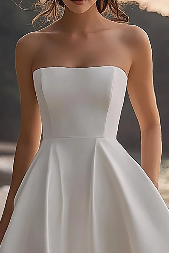 ZAPAKASA Women A Line Satin White Graduation Dress Strapless Long