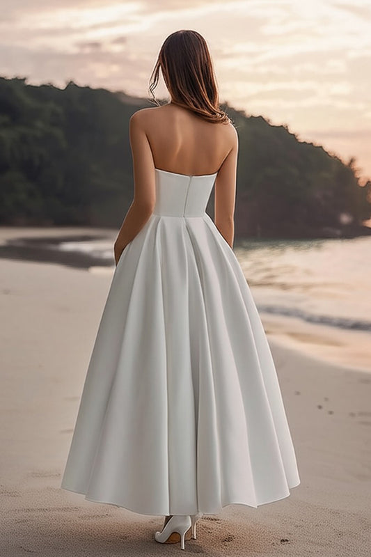 A Line Satin White Strapless Long Graduation Dress