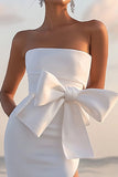 White Sheath Satin Bowknot Long Graduation Dress with Slit