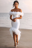 Sheath Tulle White Graduation Dress with Ruffles Off the Shoulder Ruched Long Engagement Dress