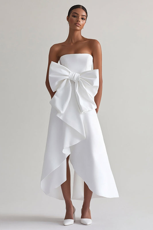 Strapless White A Line Satin High Low Graduation Dress with Bow