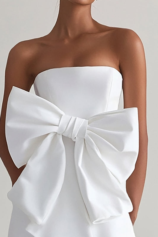 Strapless White A Line Satin High Low Graduation Dress with Bow