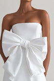 Strapless White A Line Satin High Low Graduation Dress with Bow