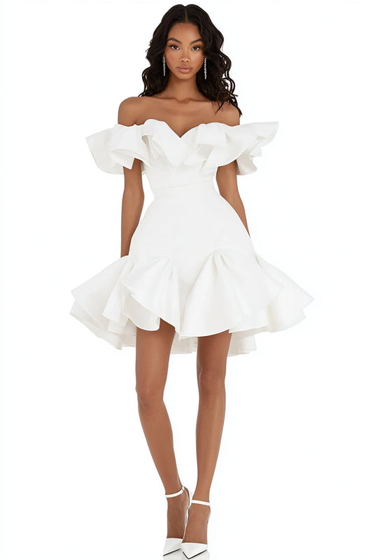 White Satin A Line Mini Graduation Dress with Ruffles