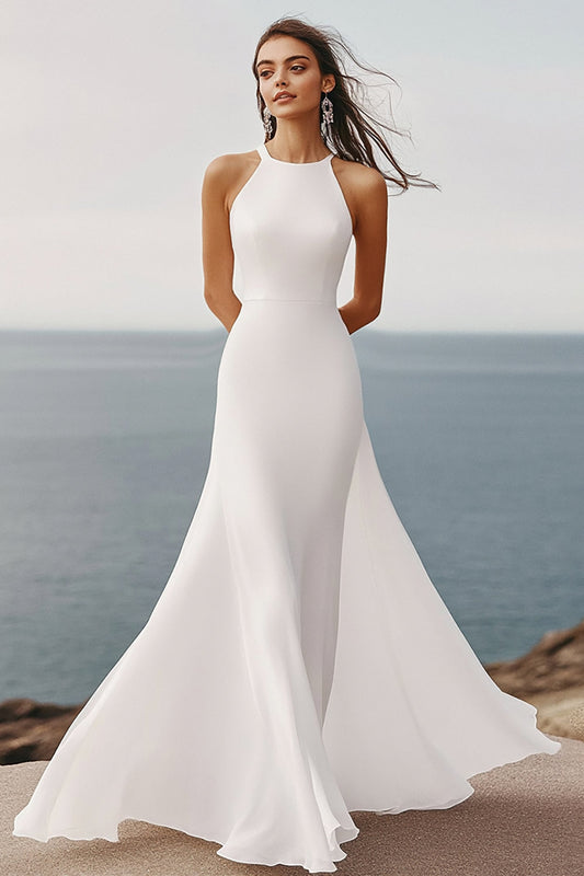 Chiffon White A Line Halter Neck Long Graduation Dress