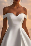 Off the Shoulder White A Line Satin Sweetheart Long Graduation Dress
