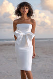 Satin White Bodycon Square Neck Long Graduation Dress with Bow