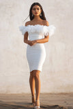 White Bodycon Satin Sheath Long Graduation Dress with Ruffles
