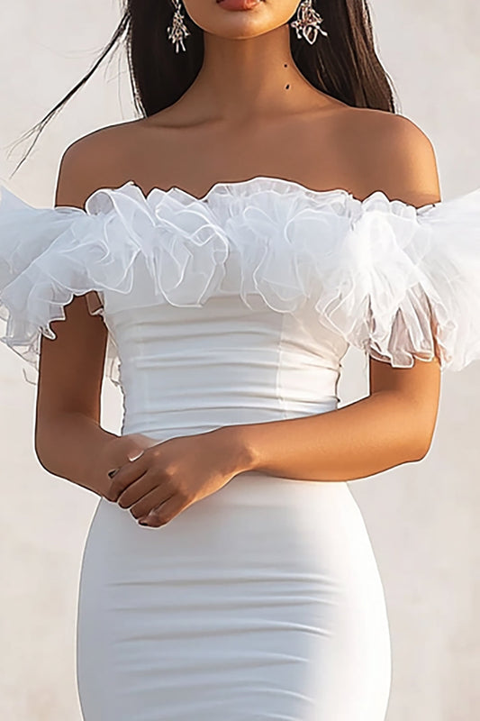 White Bodycon Satin Sheath Long Graduation Dress with Ruffles