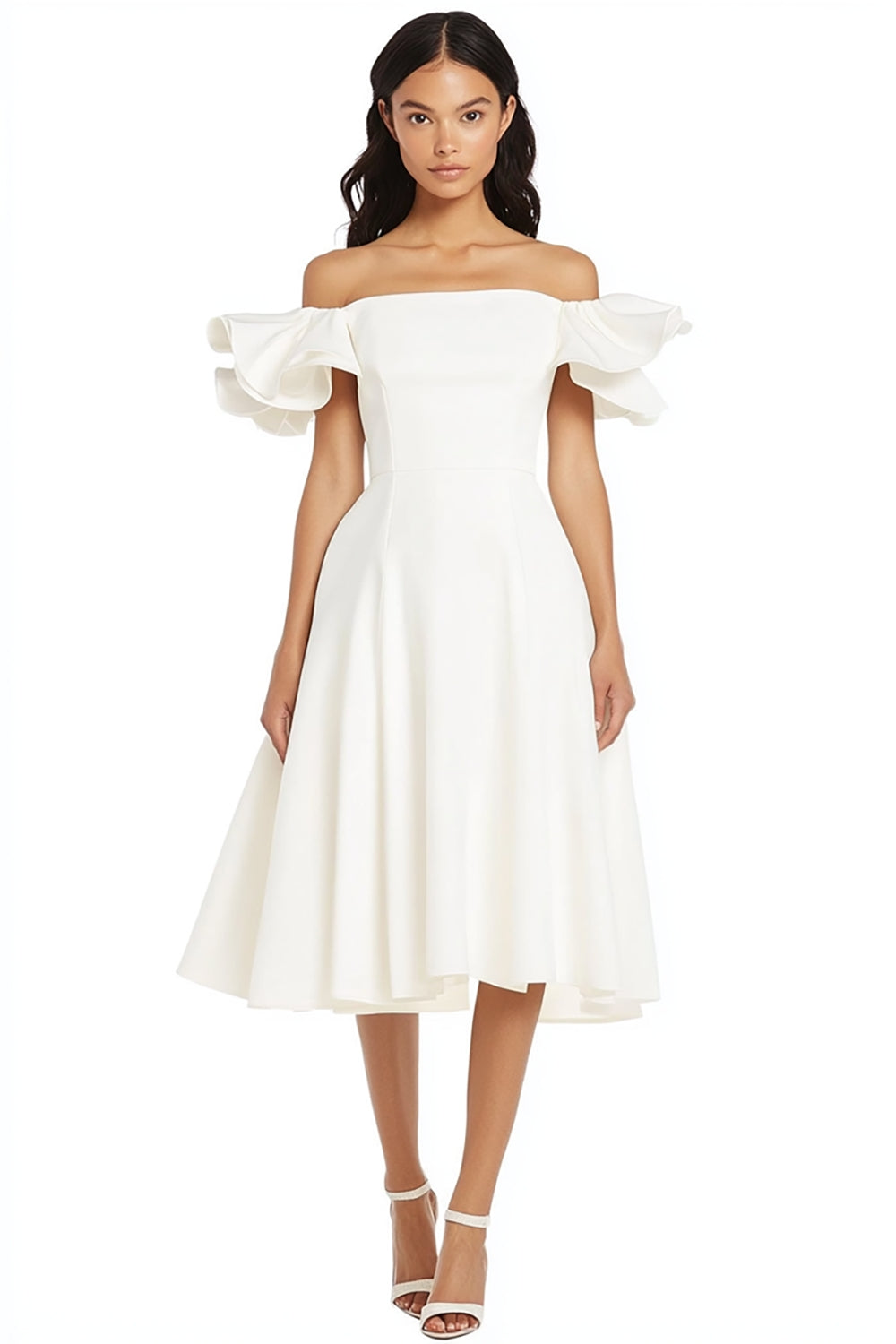 A Line Satin White Off the Shoulder Long Graduation Dress with Ruffles