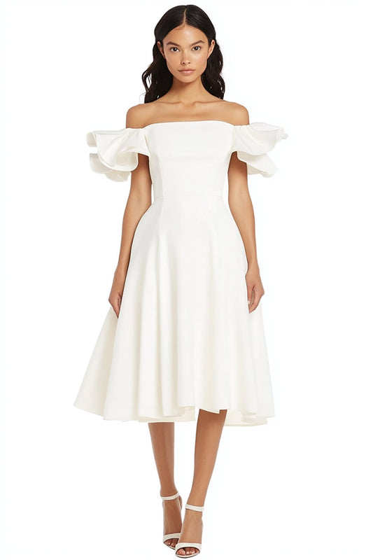 A Line Satin White Off the Shoulder Long Graduation Dress with Ruffles
