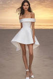 Off the Shoulder White A Line Satin Mini Graduation Dress