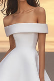 Off the Shoulder White A Line Satin Mini Graduation Dress