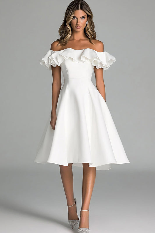 A Line White Satin Off the Shoulder Long Graduation Dress with Ruffles