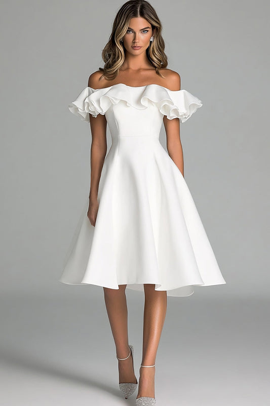 Dusty Blue A Line Satin Off the Shoulder Short Graduation Dress with Ruffles