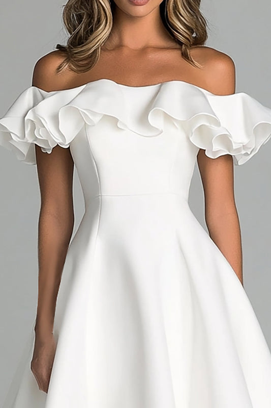 A Line White Satin Off the Shoulder Long Graduation Dress with Ruffles