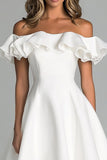 A Line White Satin Off the Shoulder Long Graduation Dress with Ruffles