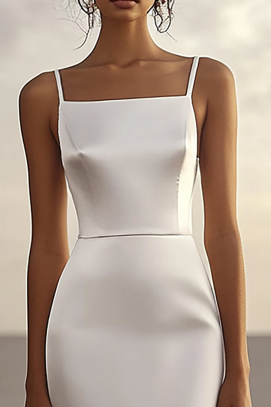 Spaghetti Straps White Sheath Satin Strapless Long Graduation Dress