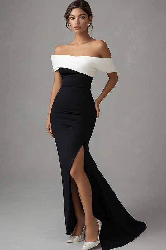 Off the Shoulder Black White Satin Long Black Tie Dress with Slit