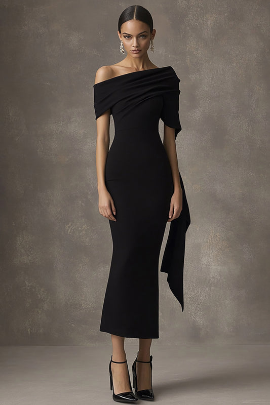 ZAPAKASA Women Black Sheath Off the Shoulder Long Black Tie Dress with Streamer Tea-Length Graduation Dress